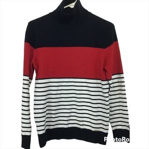 Tommy Hilfiger Red White Navy Breton Turtleneck Stripe Silver Button Sweater M